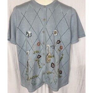 Cottage Core button-down cardigan floral coastal grandma Crane bird embroidery
